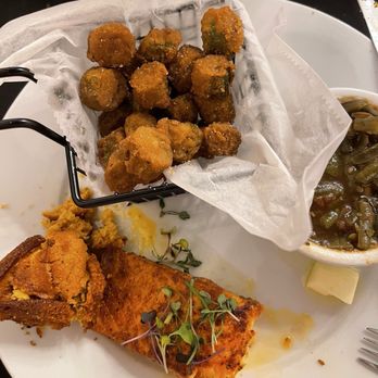 Musulyn's International Restaurant - Blackened salmon, fried okra, green beans and a sweet potato muffin - Soul Food Near Me - Covington, Georgia