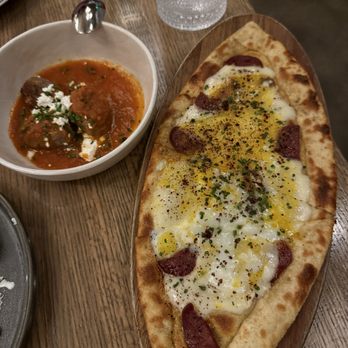 Zaytinya - Soujouk Pide in the front, Soutzoukakia in the back - Greek Near Me - Culver City, California