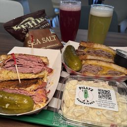 Hot Ruben sandwich and beef sandwich and potato salad Hot Ruben sandwich and beef sandwich and potato salad