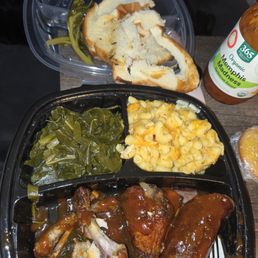 Dry party wings, hot link, dry mac n cheese (i didn't order it) greens tasted tangy like they were old. Nothing had seasoning Dry party wings, hot link, dry mac n cheese (i didn't order it) greens tasted tangy like they were old. Nothing had seasoning