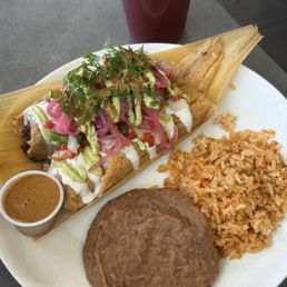 Tamarindo/jamaica agua fresca 2 Tamal Plate with Beans & Rice