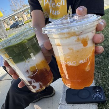 Tong Sui - Mango matcha (left), Osmanthus persimmon cheezo (right) - Desserts Near Me - Cupertino, California Tong Sui - Mango matcha (left), Osmanthus persimmon cheezo (right) - Desserts Near Me - Cupertino, California