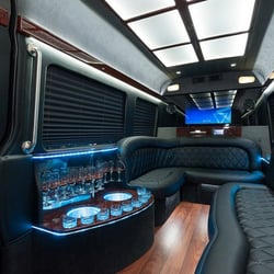 VIP Limo - Interior of the Mercedes Sprinter limo with seating for 12 people.