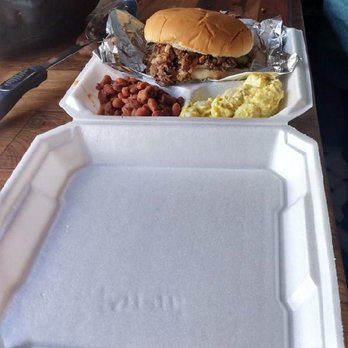 Bullhead BBQ - Chopped Brisket Sandwich with a side of beans and potato salad - Barbeque Near Me - Gatesville, Texas Bullhead BBQ - Chopped Brisket Sandwich with a side of beans and potato salad - Barbeque Near Me - Gatesville, Texas
