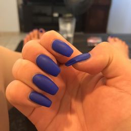 Matte royal blue with natural coffin gel extensions