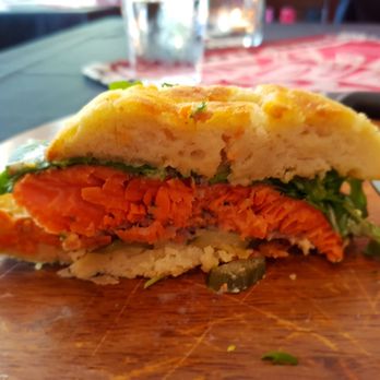 Salmon n' Bannock - Half cut of burger - Canadian (New) Near Me - Vancouver, British Columbia