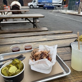 Hometown Bar-B-Que - Half pound of pulled pork, small side of dill pickles, and lemonade. - Barbeque Near Me - Brooklyn, New York Hometown Bar-B-Que - Half pound of pulled pork, small side of dill pickles, and lemonade. - Barbeque Near Me - Brooklyn, New York
