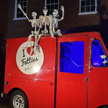 Goodnight Fatty - Picture of a red delivery van with three skeletons on top and a sign that says "I love Fattys" - Desserts Near Me - Salem, Massachusetts Goodnight Fatty - Picture of a red delivery van with three skeletons on top and a sign that says "I love Fattys" - Desserts Near Me - Salem, Massachusetts