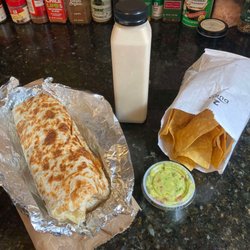 Horchata, Chips, Guacamole, Breakfast Burrito