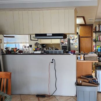 Graceful Kitchen & Bath Design - Before. Got rid of the drop ceiling and pass thru, overhead cabinets. - Cabinetry Near Me - Montclair, California