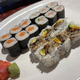Salmon rolls, White Tail scallion rolls and Eel and avocado rolls.
