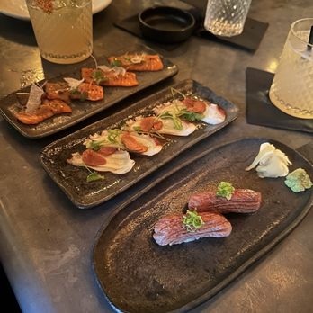 Double Knot - Salmon & octopus sashimi & Waygu nigiri (left to right) - Sushi Bars Near Me - Philadelphia, Pennsylvania