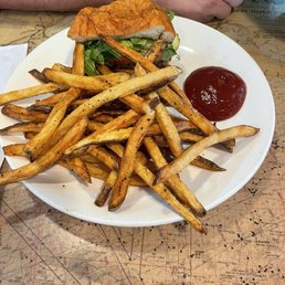 Bacon cheddar burger and cut fries. Bacon cheddar burger and cut fries.