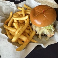 Riverfront Grille - Black bean burger with Swiss and mushrooms, side of fries