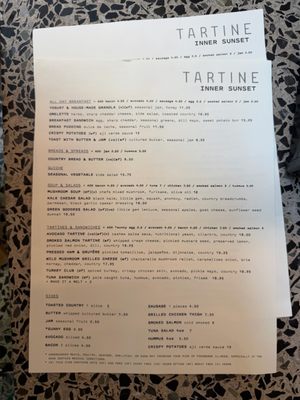 Menu photo 1 Tartine Inner Sunset San Francisco, CA Menu photo 1 Tartine Inner Sunset San Francisco, CA