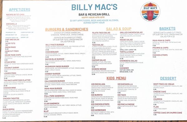 Menu photo 3 Billy Mac's Seaside Bar & Grill Seaside, OR