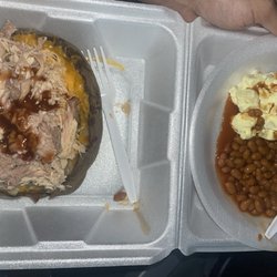 Whitt's Barbecue - Hendersonville - Loaded baked potato with Turkey, pulled pork, and cheese. Delicious. Sides were good too. A lot of starch but I needed it ALL lol
