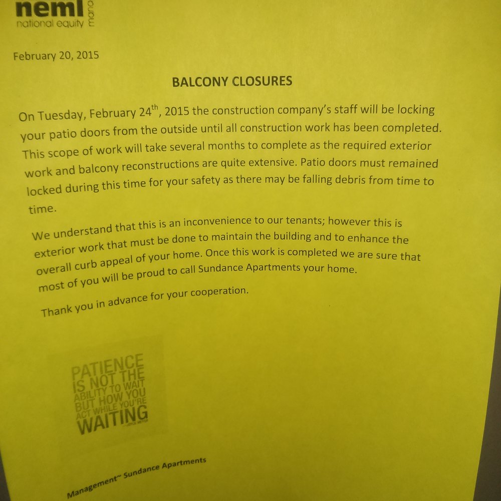 No access to balconies as the patio doors/ windows were sealed shut for over 4 months. The conditions were inhumane during the summer months