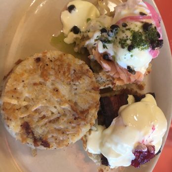Snooze, an A.M. Eatery - Duo Benny (lox & latke/habanero pork belly) with hash browns - Breakfast & Brunch Near Me - Austin, Texas Snooze, an A.M. Eatery - Duo Benny (lox & latke/habanero pork belly) with hash browns - Breakfast & Brunch Near Me - Austin, Texas