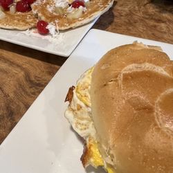 Wings Cafe - Aloha cakes & egg sammie with taylor ham and cheese
