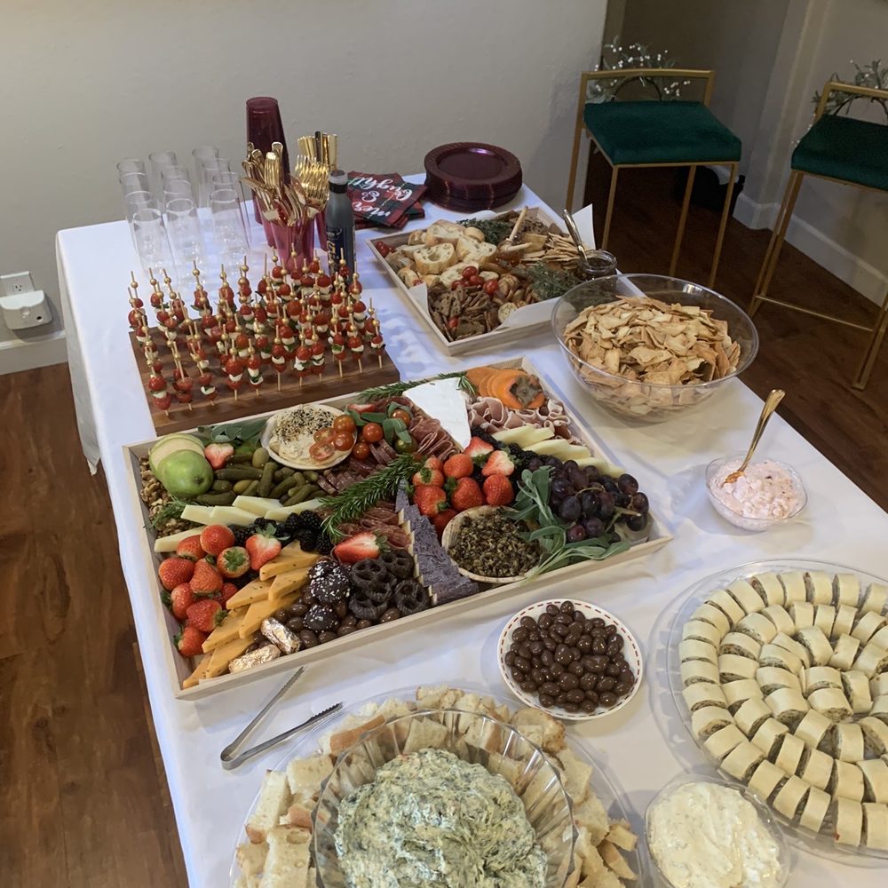 Honey and Brie - Don't mind the other items. The charcuterie board is front and center. - Caterers Near Me Honey and Brie - Don't mind the other items. The charcuterie board is front and center. - Caterers Near Me