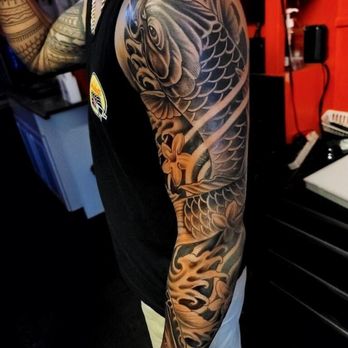 Inkflicted Tattoo - Black and gray Japanese style koi full sleeve - Tattoo Near Me - Waipahu, Hawaii