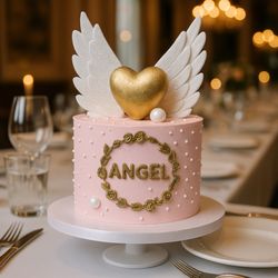 Mitra Art Cake - Pink buttercream cake with edible wings and heart and pearls.