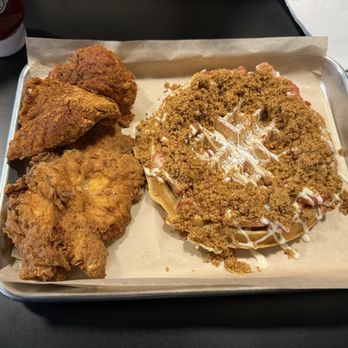 Buddy's Chicken & Waffles - Strawberry shortcake waffle + half/half chicken - Waffles Near Me - Tacoma, Washington