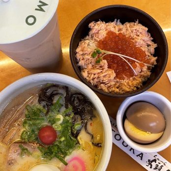 Hokkaido Ramen Santouka - shio tonkotsu and harboiled tea egg with ikura salmon with roe - Ramen Near Me - Irvine, California Hokkaido Ramen Santouka - shio tonkotsu and harboiled tea egg with ikura salmon with roe - Ramen Near Me - Irvine, California