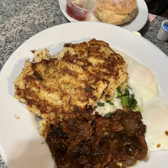 Sax's Joint - Crab cakes and grits with a biscuit. Large portions! - Breakfast & Brunch Near Me - Petaluma, California Sax's Joint - Crab cakes and grits with a biscuit. Large portions! - Breakfast & Brunch Near Me - Petaluma, California