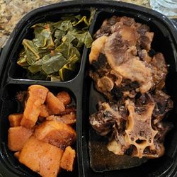 GVO Lounge & Bistro - Oxtails, Greens, and candied yams to go. Delicious!