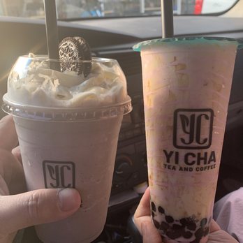 YI CHA - Tea and Coffee - 24 oz. Strawberry Creme Brulee and 16 oz. Cookie & Cream freeze - Coffee & Tea Near Me - Spring, Texas