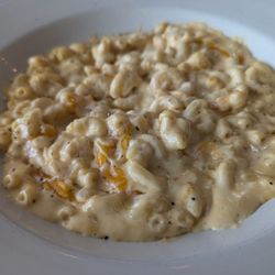 Eating Americana - Adult portion size of Mac-n-cheese (partially eaten - we dug in immediately as the plate/bowl hit the table)