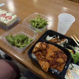 chicken katsu bento, edamame, fruit sando chicken katsu bento, edamame, fruit sando
