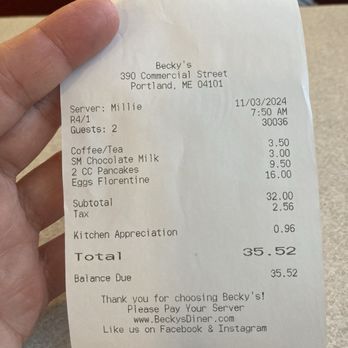 Becky's Diner - Kitchen appreciation charge? - American Near Me - Portland, Maine