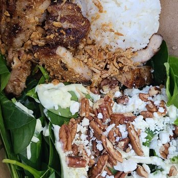 White Elephant - Pork belly, Spinach salad, and Jasmine rice. - Thai Near Me - Anaheim, California White Elephant - Pork belly, Spinach salad, and Jasmine rice. - Thai Near Me - Anaheim, California