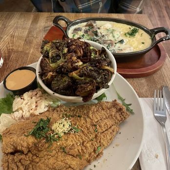 Peaches - Cornmeal crusted fried catfish, fried brussel sprouts and Shrimp Grits - Southern Near Me - Brooklyn, New York Peaches - Cornmeal crusted fried catfish, fried brussel sprouts and Shrimp Grits - Southern Near Me - Brooklyn, New York