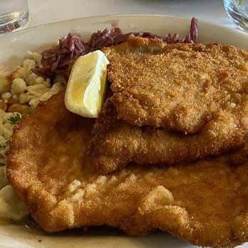 DJ's Bistro - Jaeger Schnitzel with Spaetzle and Red Cabbage. Mushroom Gravy on bottom. - German Near Me - Concord, California