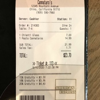 Cannataro's - My check showing prices higher than menu prices. - Italian Near Me - Chino, California