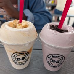 Caramel cheesecake shake, strawberry Oreo shake