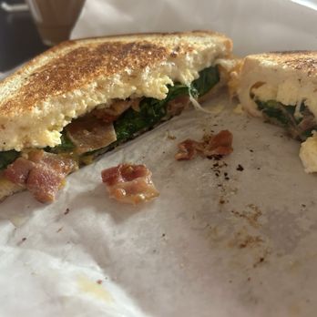 Shift Coffee House - Capital Grilled Cheese Sandwich with egg, spinach, bacon and two different cheeses. - Coffee & Tea Near Me - Sacramento, California Shift Coffee House - Capital Grilled Cheese Sandwich with egg, spinach, bacon and two different cheeses. - Coffee & Tea Near Me - Sacramento, California