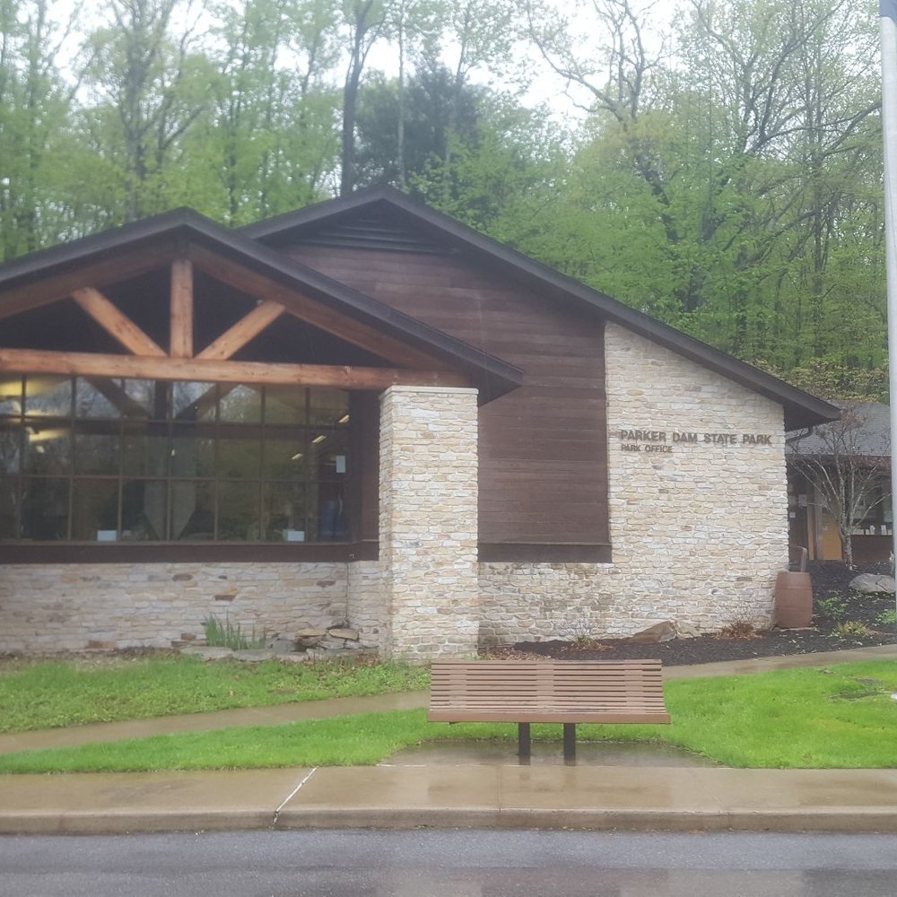 Parker Dam State Park - Visitor Center - Note that the room on the left with the windows is only offices and a class room.  All cabin keys are on the right side. - Parks Near Me - Penfield, Pennsylvania