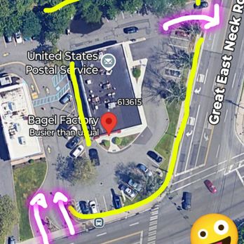 Bagel Factory - Parking in highlighted yellow red neon for entry and exit locations - Bagels Near Me - West Babylon, New York Bagel Factory - Parking in highlighted yellow red neon for entry and exit locations - Bagels Near Me - West Babylon, New York