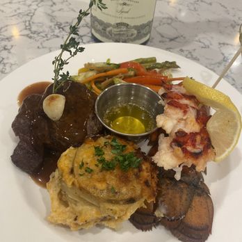 Dennis Addison - Filet minion, lemon poached lobster tail, potatoes au gratin and mixed vegetables. Lobster was to die for! - Personal Chefs Near Me Dennis Addison - Filet minion, lemon poached lobster tail, potatoes au gratin and mixed vegetables. Lobster was to die for! - Personal Chefs Near Me