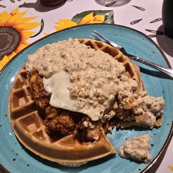Flying Biscuit Cafe - Nashville SPICY waffle breakfast..generous portion, waffle delicious,  not your grammars gravy - Breakfast & Brunch Near Me - Knoxville, Tennessee