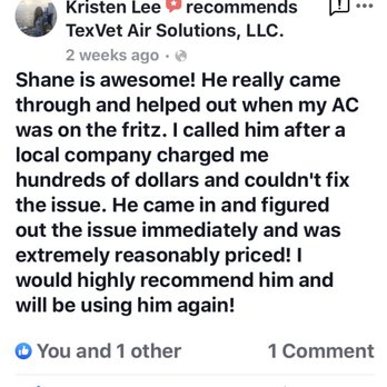 TexVet Air Solutions - Review from Facebook.com/texvetair - Heating & Air Conditioning/HVAC Near Me TexVet Air Solutions - Review from Facebook.com/texvetair - Heating & Air Conditioning/HVAC Near Me