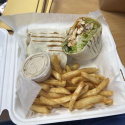 Grilled chicken Cesar wrap and fries