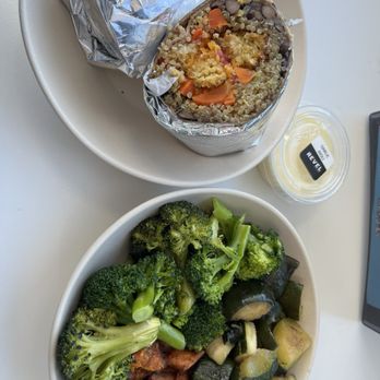 Revel Kitchen - El Vegetariano burrito, Customer Creation bowl with veggies for all 3 options - broccoli, sweet potatoes, zucchini with garlic aoili - Salad Near Me - Saint Louis, Missouri