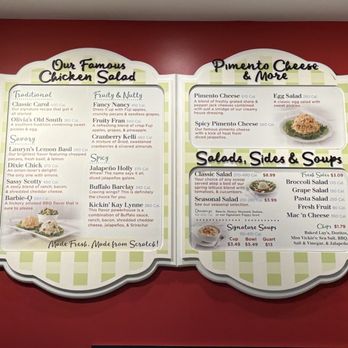 Chicken Salad Chick - The menu so many versions of chicken salad to choose from & they let you sample - Southern Near Me - Centerville, Ohio Chicken Salad Chick - The menu so many versions of chicken salad to choose from & they let you sample - Southern Near Me - Centerville, Ohio