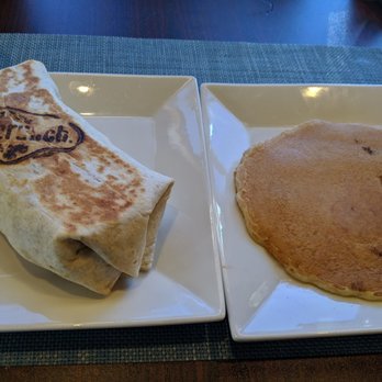 Brunch - Mac & Cheese burrito with a small pancake instead of the waffle fries - Breakfast & Brunch Near Me - Brookfield, Wisconsin